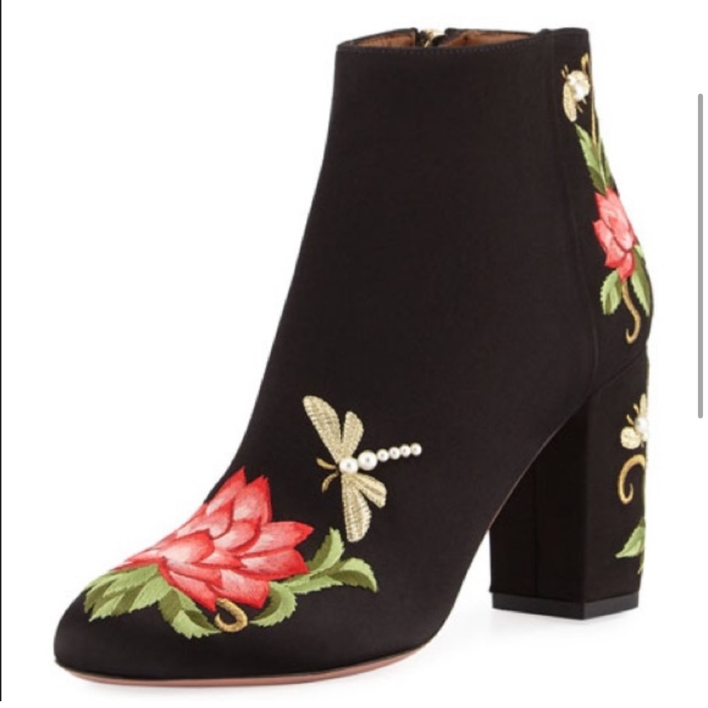 Aquazurra Lotus Satin Floral Embroidered Booties - Picture 5 of 12